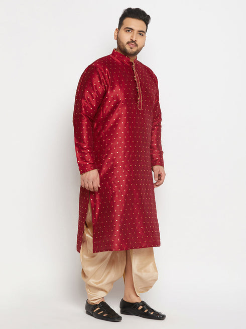 Vastramay Men's Plus Size Maroon Zari Weaved Kurta Dhoti Set